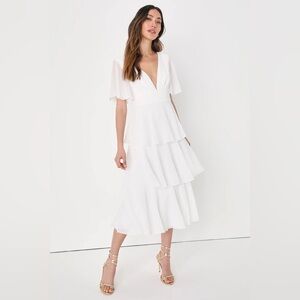 Ways of the Heart White Flutter Sleeve Tiered Midi Dress